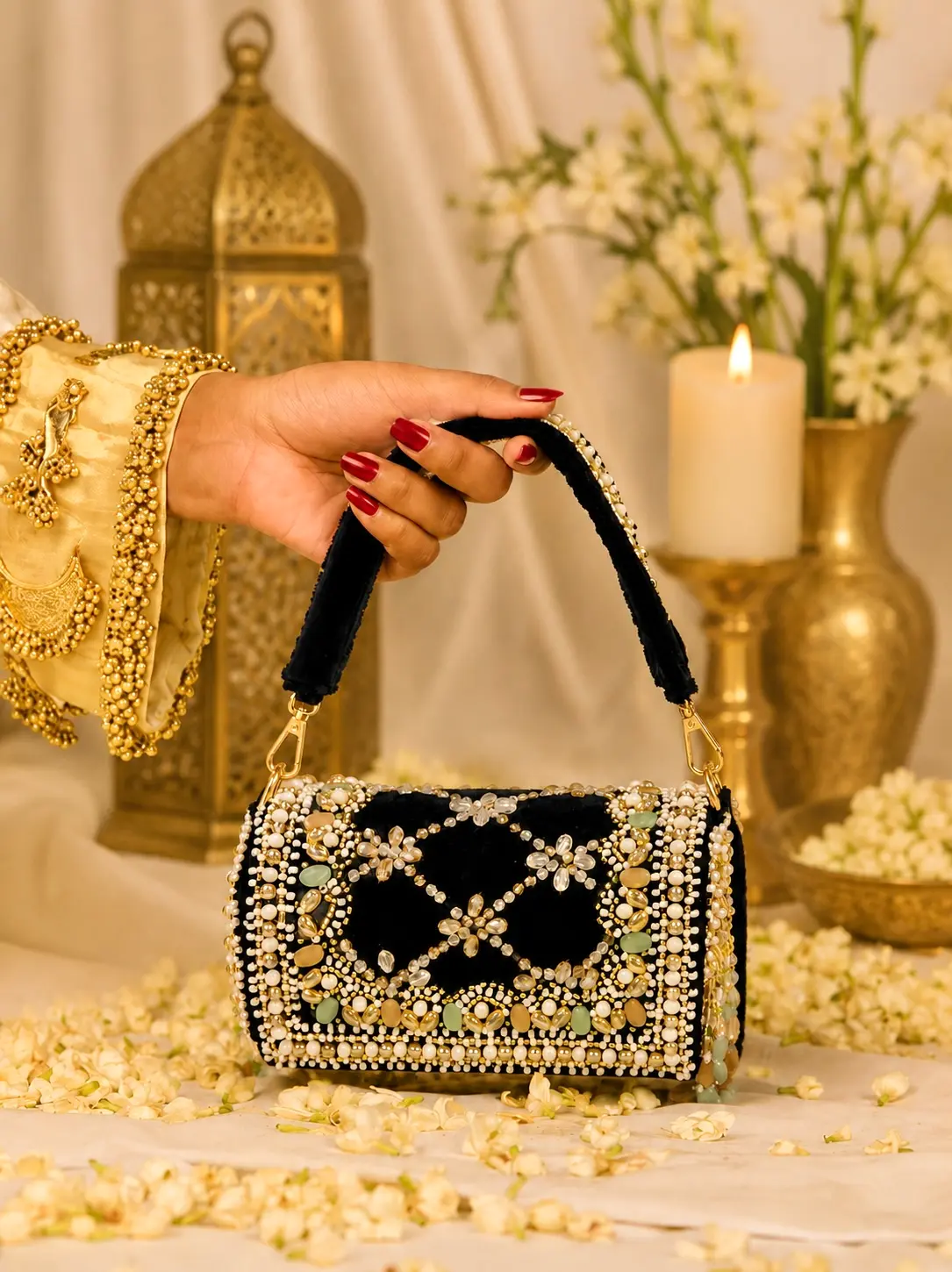 Black Velvet Pearl Clutch for Women | Gulbhahar Stylish Gulbhahar black pearl clutch for weddings and evening partie