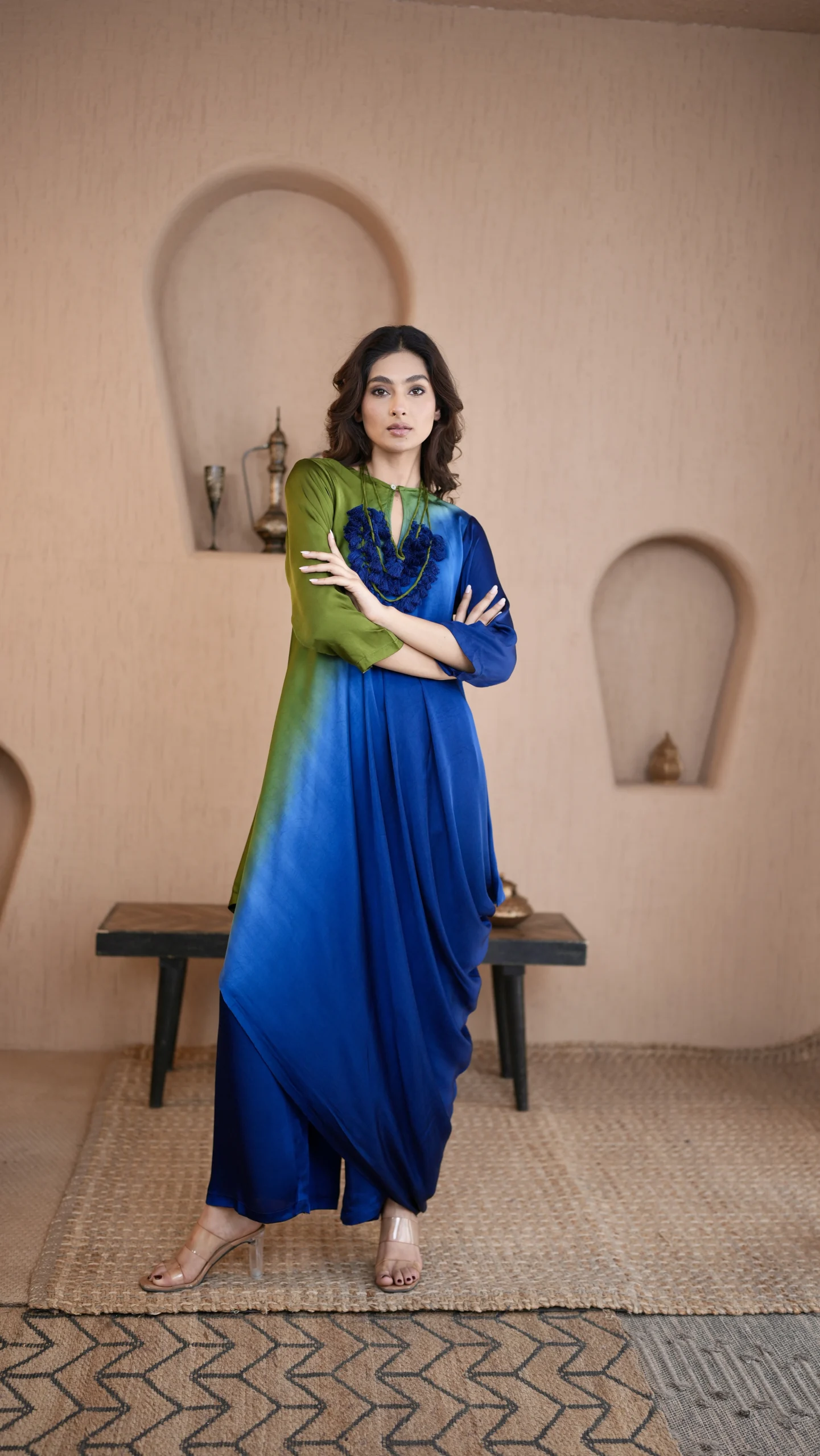 Olive Green Ombre Kaftan Suit for Women | Gulbhahar Women's Olive Green Ombre Kaftan Suit with graceful drape