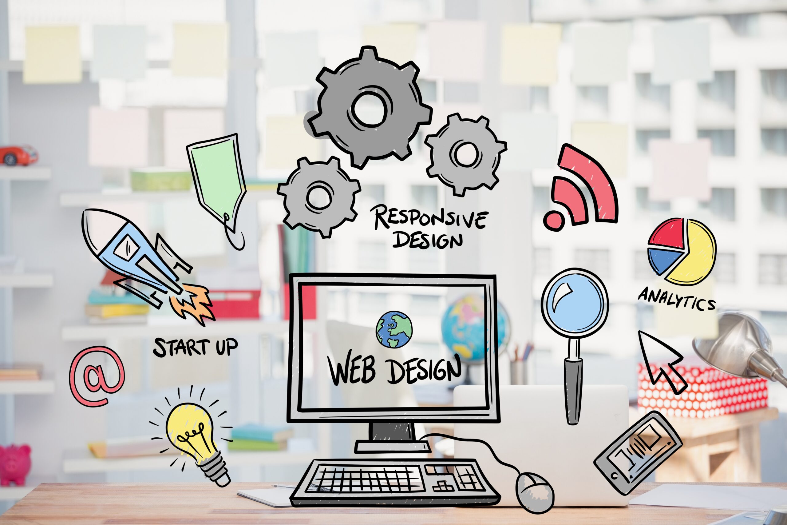 digital composite of business graphics with office background website design in abu dhabi